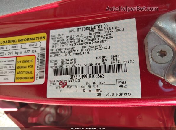 3FA6P0T99LR108563 2020 FORD FUSION Red Вид підкапотного простору