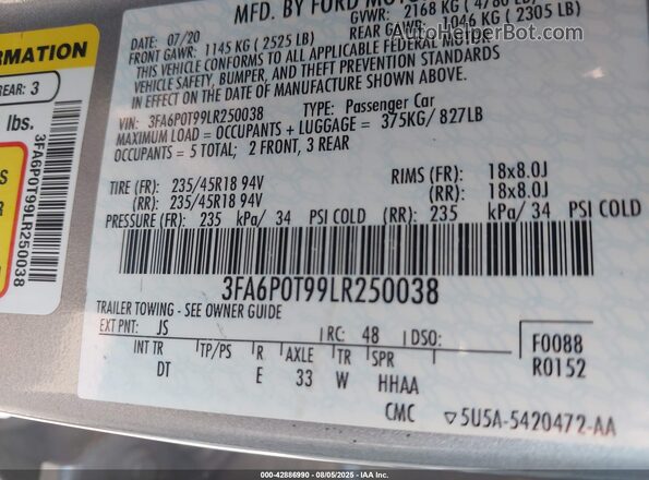 3FA6P0T99LR250038 2020 FORD FUSION Silver Engine compartment view