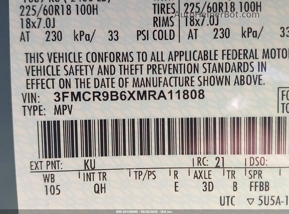 3FMCR9B6XMRA11808 2021 FORD BRONCO SPORT Blue Вид підкапотного простору
