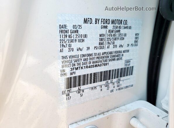 3FMTK1R40SMA07691 2025 FORD MUSTANG White Vista de la etiqueta del VIN