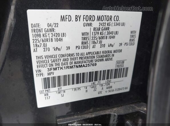 3FMTK1RM7NMA25769 2022 FORD MUSTANG MACH-E Серый Вид подкапотного пространства