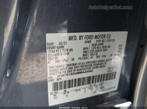 3FMTK1SS4MMA20066 2021 FORD MUSTANG MACH-E Blue 