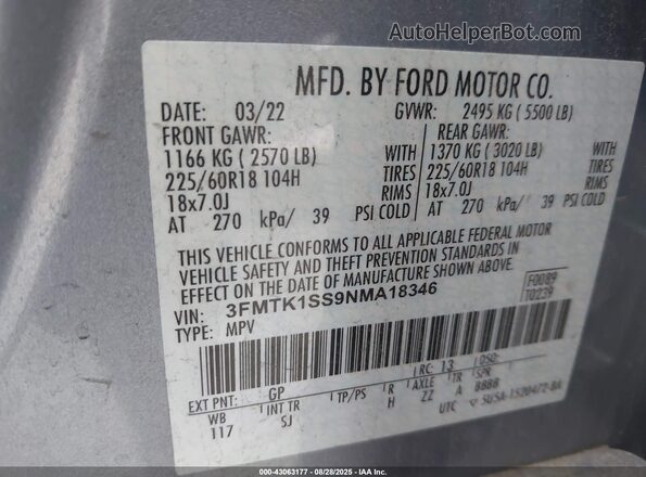 3FMTK1SS9NMA18346 2022 FORD MUSTANG MACH-E Silver Շարժիչի բաժամունքի տեսք