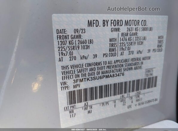 3FMTK3SU6PMA83476 2023 FORD MUSTANG MACH-E PREMI Silver VIN կոդի պիտակի տեսք