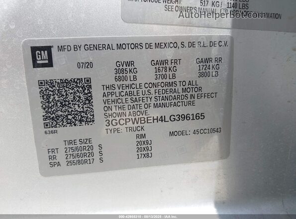 3GCPWBEH4LG396165 2020 CHEVROLET SILVERADO Silver Շարժիչի բաժամունքի տեսք