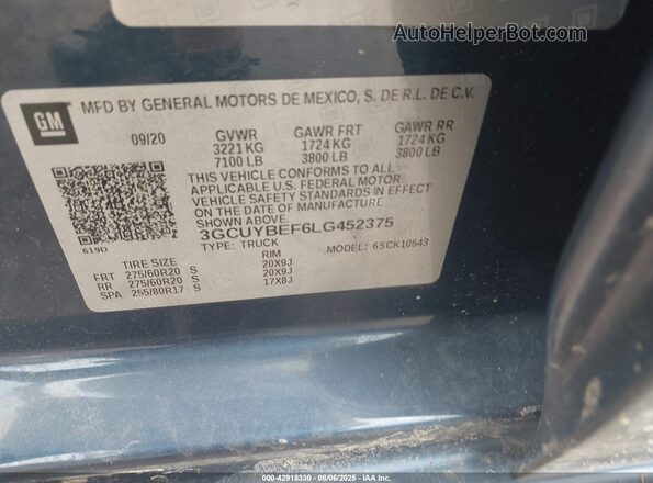 3GCUYBEF6LG452375 2020 CHEVROLET SILVERADO Blue Շարժիչի բաժամունքի տեսք