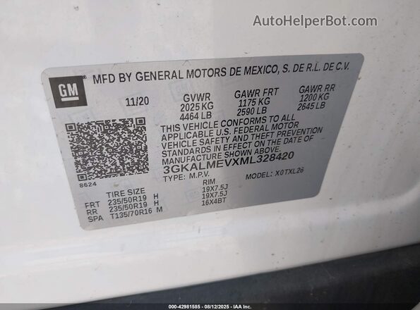 3GKALMEVXML328420 2021 GMC TERRAIN White 