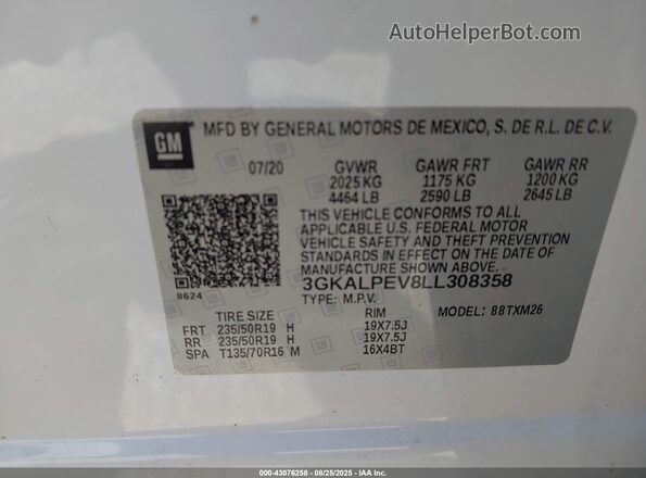 3GKALPEV8LL308358 2020 GMC TERRAIN White Շարժիչի բաժամունքի տեսք