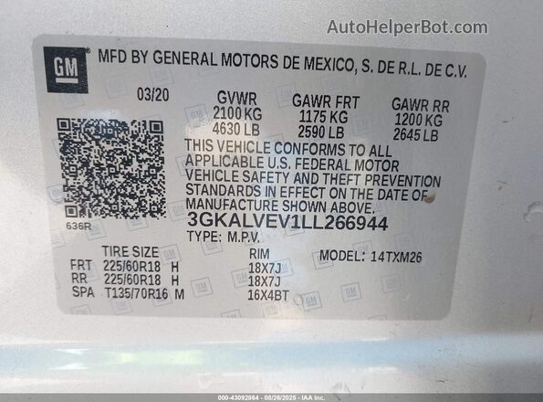 3GKALVEV1LL266944 2020 GMC TERRAIN Серебряный Вид подкапотного пространства