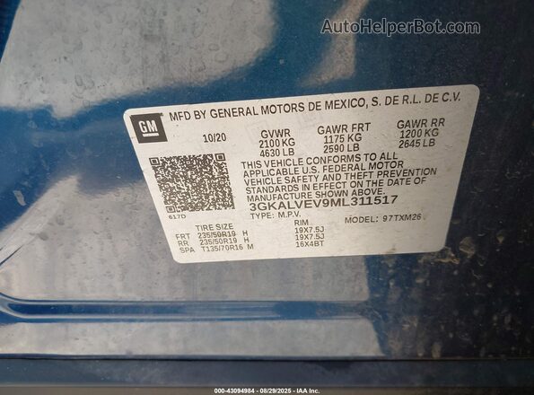 3GKALVEV9ML311517 2021 GMC TERRAIN Blue Շարժիչի բաժամունքի տեսք