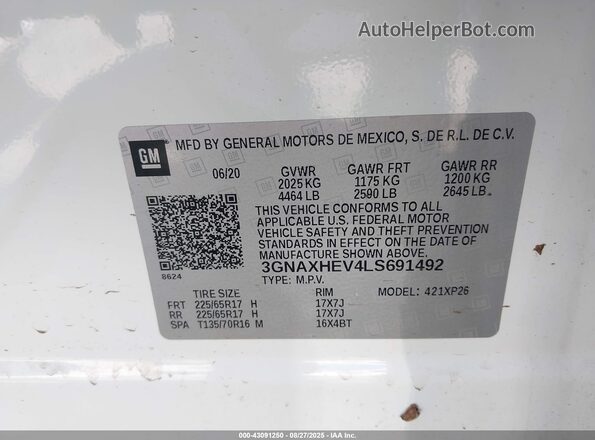 3GNAXHEV4LS691492 2020 CHEVROLET EQUINOX White ძრავის განყოფილების ხედი