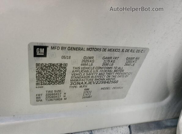 3GNAXJEV2JS642568 2018 CHEVROLET EQUINOX Silver 