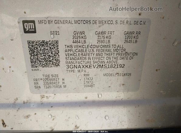 3GNAXKEV2MS182192 2021 CHEVROLET EQUINOX Silver Շարժիչի բաժամունքի տեսք