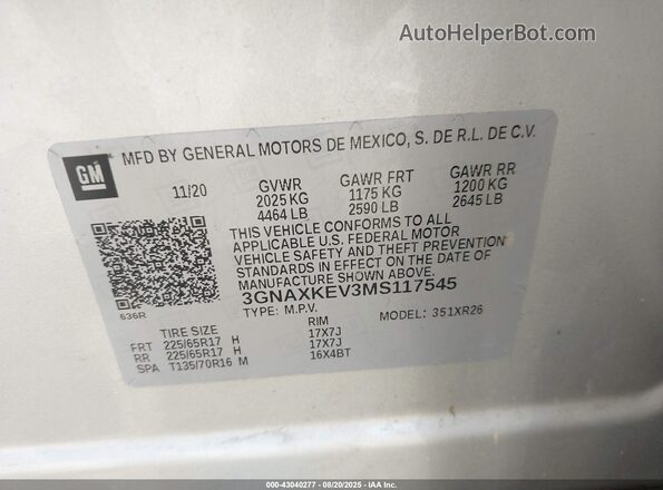 3GNAXKEV3MS117545 2021 CHEVROLET EQUINOX Silver Vista del compartimento del motor