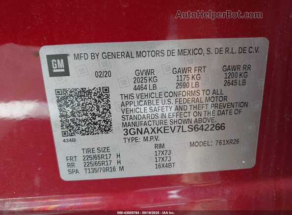 3GNAXKEV7LS642266 2020 CHEVROLET EQUINOX Red Вид підкапотного простору