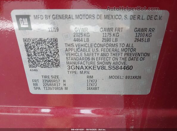 3GNAXKEV8LS584460 2020 CHEVROLET EQUINOX Red Widok komory silnika