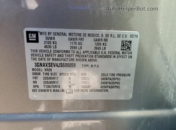 3GNAXSEV4JS609058 2018 CHEVROLET EQUINOX Silver 