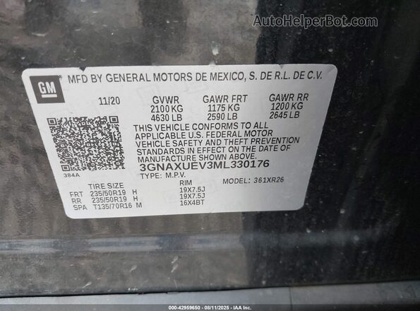 3GNAXUEV3ML330176 2021 CHEVROLET EQUINOX Black Vista del compartimento del motor