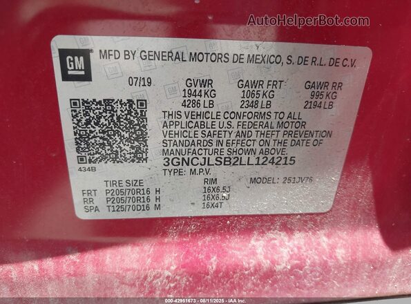 3GNCJLSB2LL124215 2020 CHEVROLET TRAX Red ძრავის განყოფილების ხედი