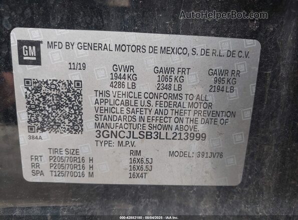 3GNCJLSB3LL213999 2020 CHEVROLET TRAX Black Engine compartment view