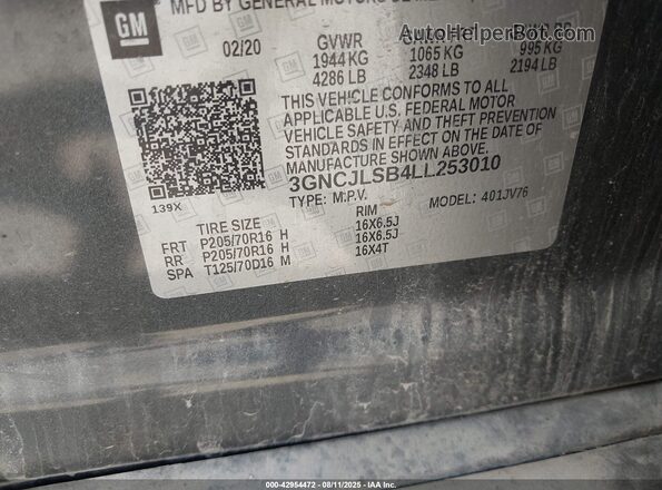 3GNCJLSB4LL253010 2020 CHEVROLET TRAX Gray ძრავის განყოფილების ხედი