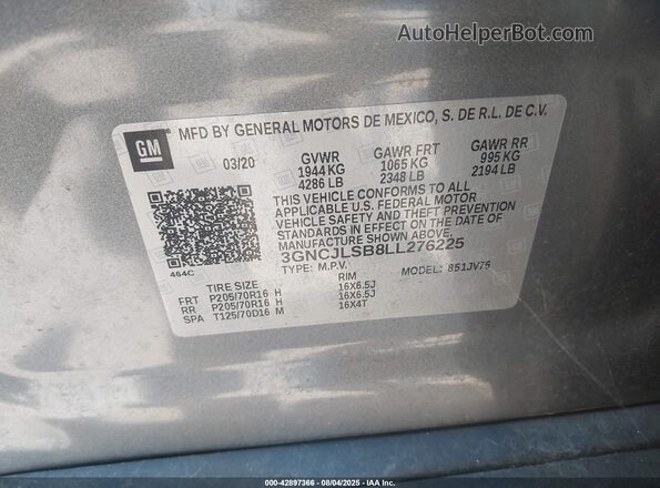 3GNCJLSB8LL276225 2020 CHEVROLET TRAX Gray Vista del compartimento del motor
