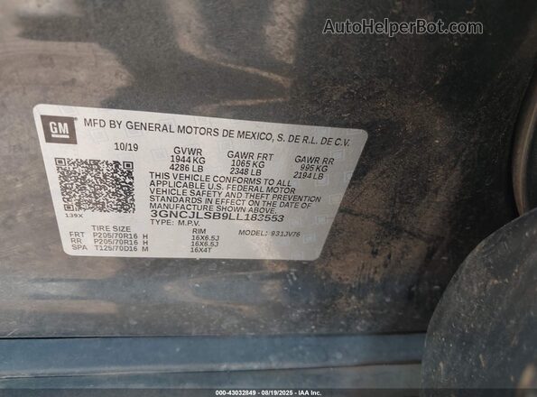 3GNCJLSB9LL183553 2020 CHEVROLET TRAX Gray Engine compartment view