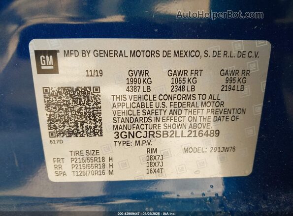 3GNCJRSB2LL216489 2020 CHEVROLET TRAX Blue Widok komory silnika