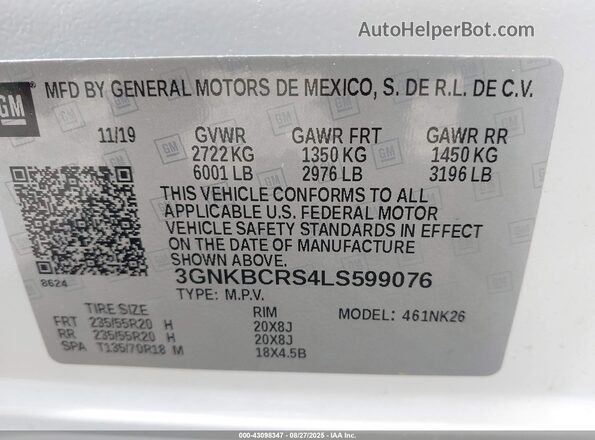 3GNKBCRS4LS599076 2020 CHEVROLET BLAZER Белый Вид подкапотного пространства