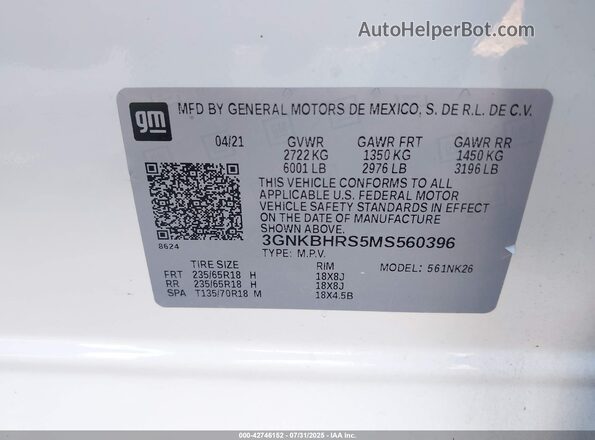 3GNKBHRS5MS560396 2021 CHEVROLET BLAZER Белый Вид подкапотного пространства