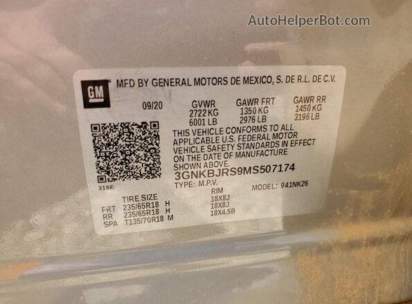 3GNKBJRS9MS507174 2021 CHEVROLET BLAZER Gray VIN sticker view