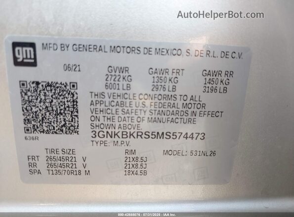 3GNKBKRS5MS574473 2021 CHEVROLET BLAZER Silver Vista del compartimento del motor