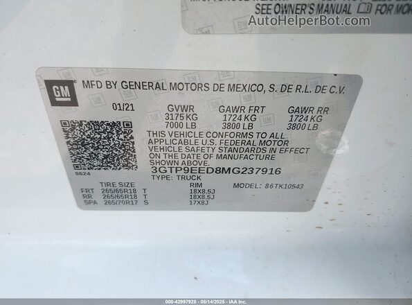 3GTP9EED8MG237916 2021 GMC SIERRA White Widok komory silnika