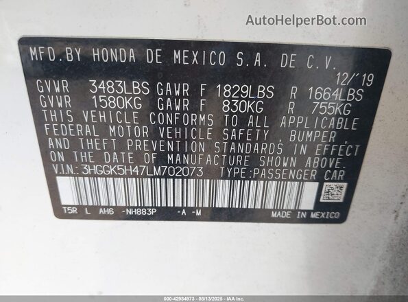 3HGGK5H47LM702073 2020 HONDA FIT White Engine compartment view