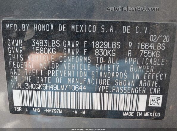 3HGGK5H49LM710644 2020 HONDA FIT Gray Вид підкапотного простору