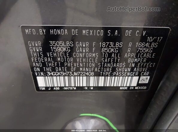 3HGGK5H73JM722408 2018 HONDA FIT Серый 