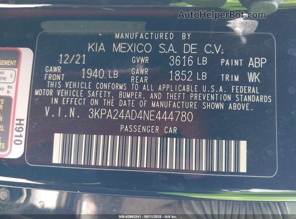 3KPA24AD4NE444780 2022 KIA RIO Black Vista del compartimento del motor