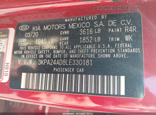 3KPA24AD8LE330181 2020 KIA RIO Red Engine compartment view