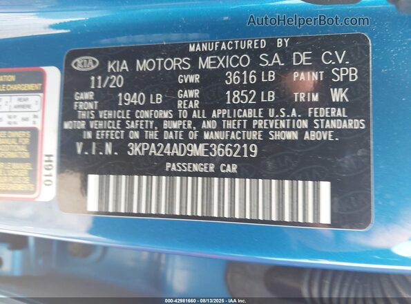 3KPA24AD9ME366219 2021 KIA RIO Blue Вид підкапотного простору