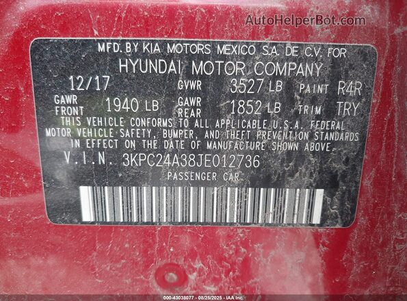 3KPC24A38JE012736 2018 HYUNDAI ACCENT Red 