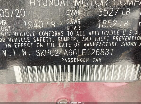 3KPC24A66LE126831 2020 HYUNDAI ACCENT Red Vista del compartimento del motor