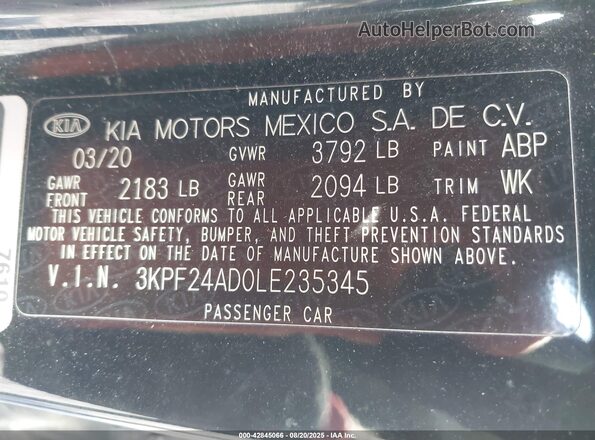 3KPF24AD0LE235345 2020 KIA FORTE Black Widok komory silnika