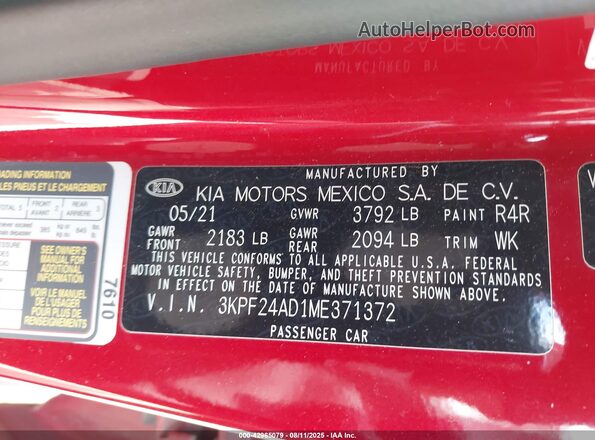 3KPF24AD1ME371372 2021 KIA FORTE Red Շարժիչի բաժամունքի տեսք