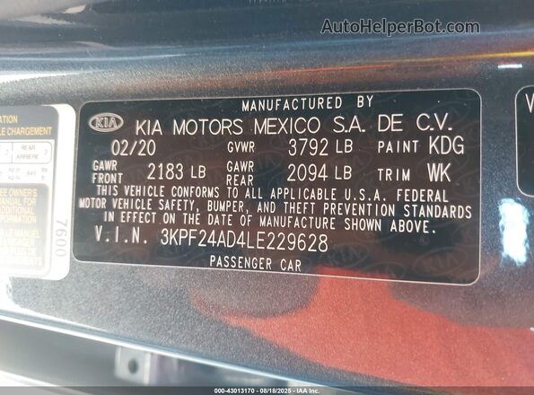 3KPF24AD4LE229628 2020 KIA FORTE Dark Blue Vista del compartimento del motor