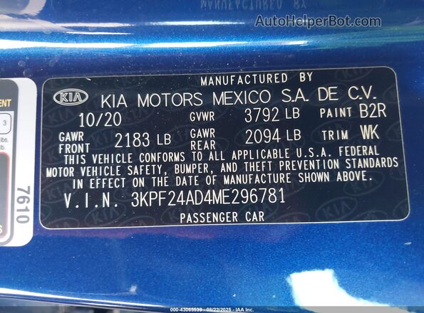 3KPF24AD4ME296781 2021 KIA FORTE Синий 