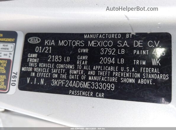 3KPF24AD6ME333099 2021 KIA FORTE Silver ძრავის განყოფილების ხედი