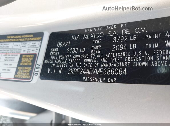 3KPF24ADXME386064 2021 KIA FORTE Silver Շարժիչի բաժամունքի տեսք