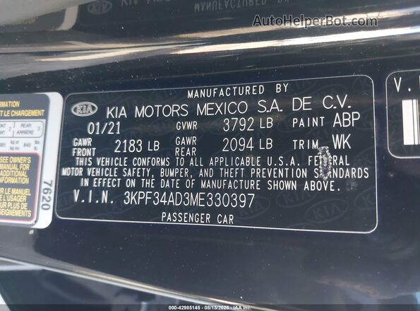 3KPF34AD3ME330397 2021 KIA FORTE Black ძრავის განყოფილების ხედი