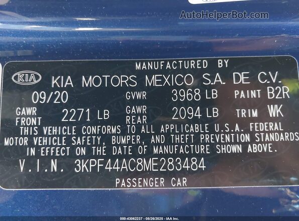 3KPF44AC8ME283484 2021 KIA FORTE Blue Շարժիչի բաժամունքի տեսք