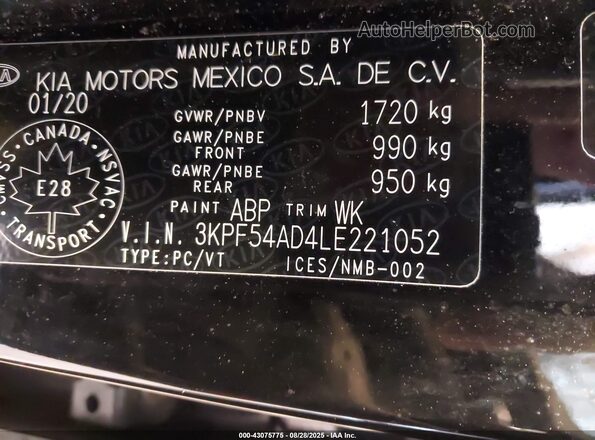 3KPF54AD4LE221052 2020 KIA FORTE Black Vista del compartimento del motor